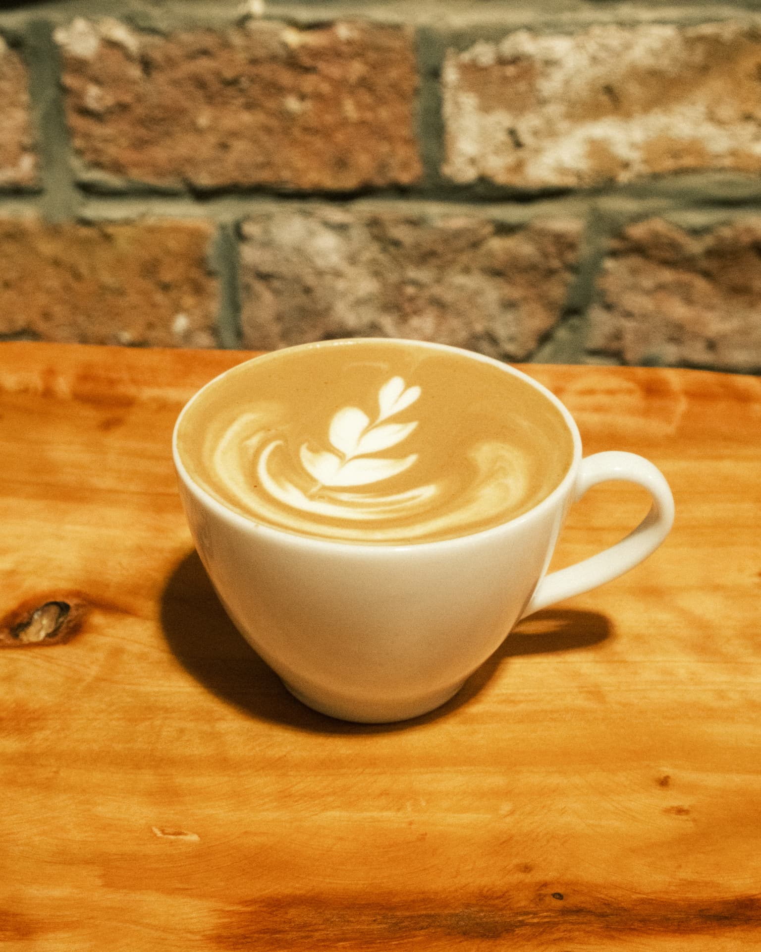 A DSCO Latte in a ceramic cup with latte art and a DSCO Coffee logo on the cup